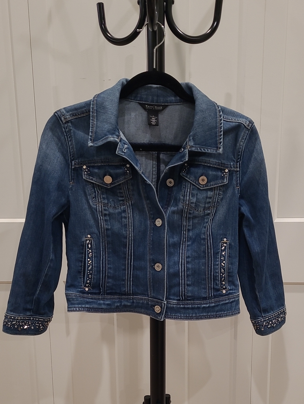 White House Black Market Denim Jacket with Rhinestone Stud Details